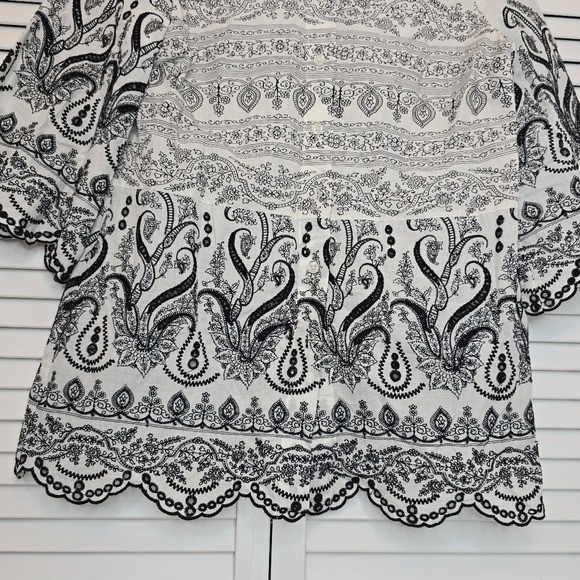 CHICO'S Paisley‎ Eyelet Shirt Black White Cotton Sz OP - 2P Boho Romantic Blouse - Picture 5 of 13